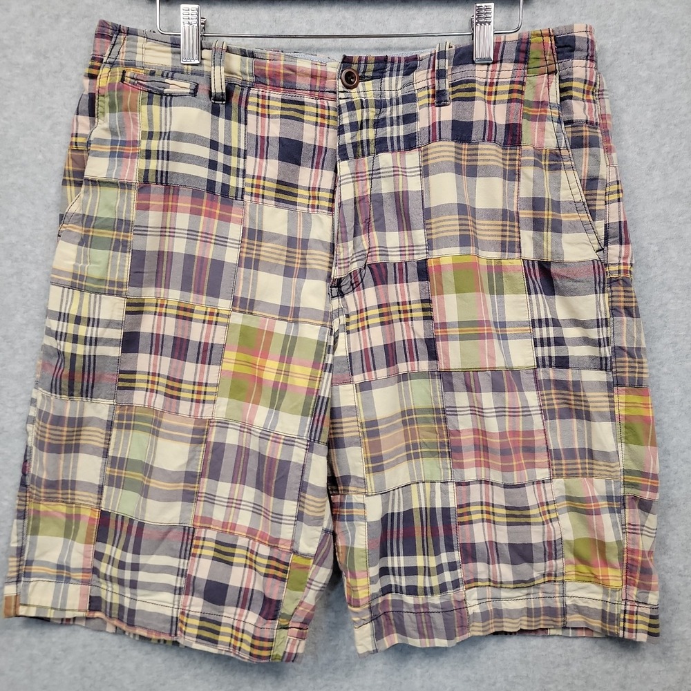 J.Crew Madras Shorts Mens 34 Patchwork Chino Bermuda Blue Green Plaid‎ Preppy